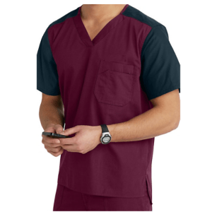 conjunto H10 – Vinotinto y Azul Conjunto H010 cuello en V con mangas en color a contraste con la camisa, tiene 1 bolsillo en el pecho.